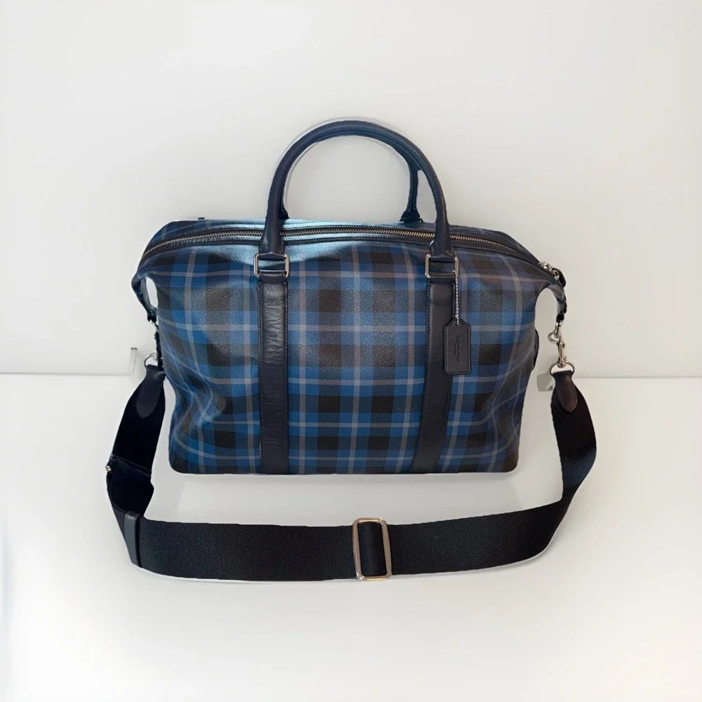 Coach Weekender Duffel Bag Blue Black Plaid Leather Trim Silver Hardware 17X11X9